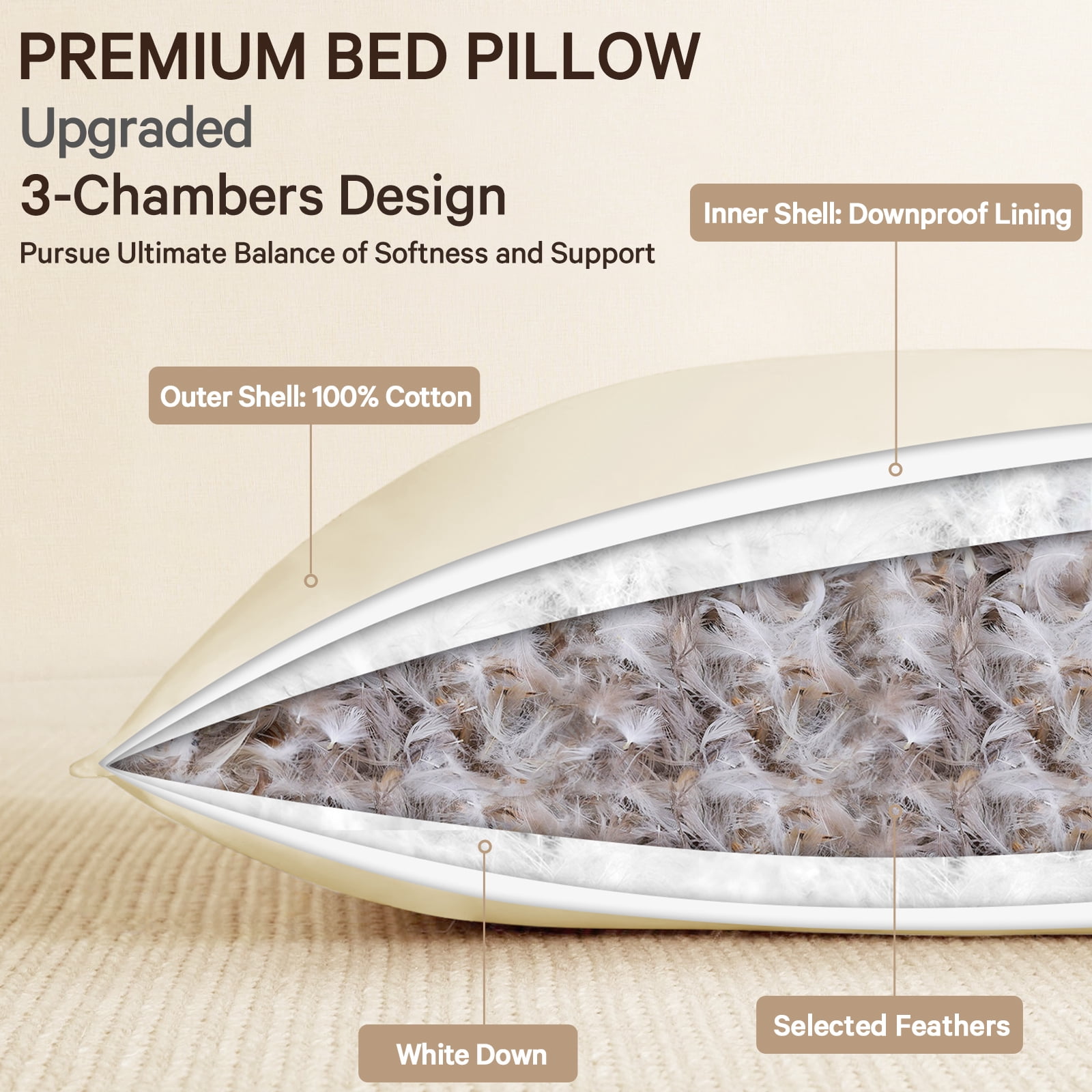 Teler Down Pillows Queen Size Set of 1, Luxury Feather Pillow for Hair and Skin, Fluffy and Supportive Bed Pillows for Side, Back Sleepers (20"x28")