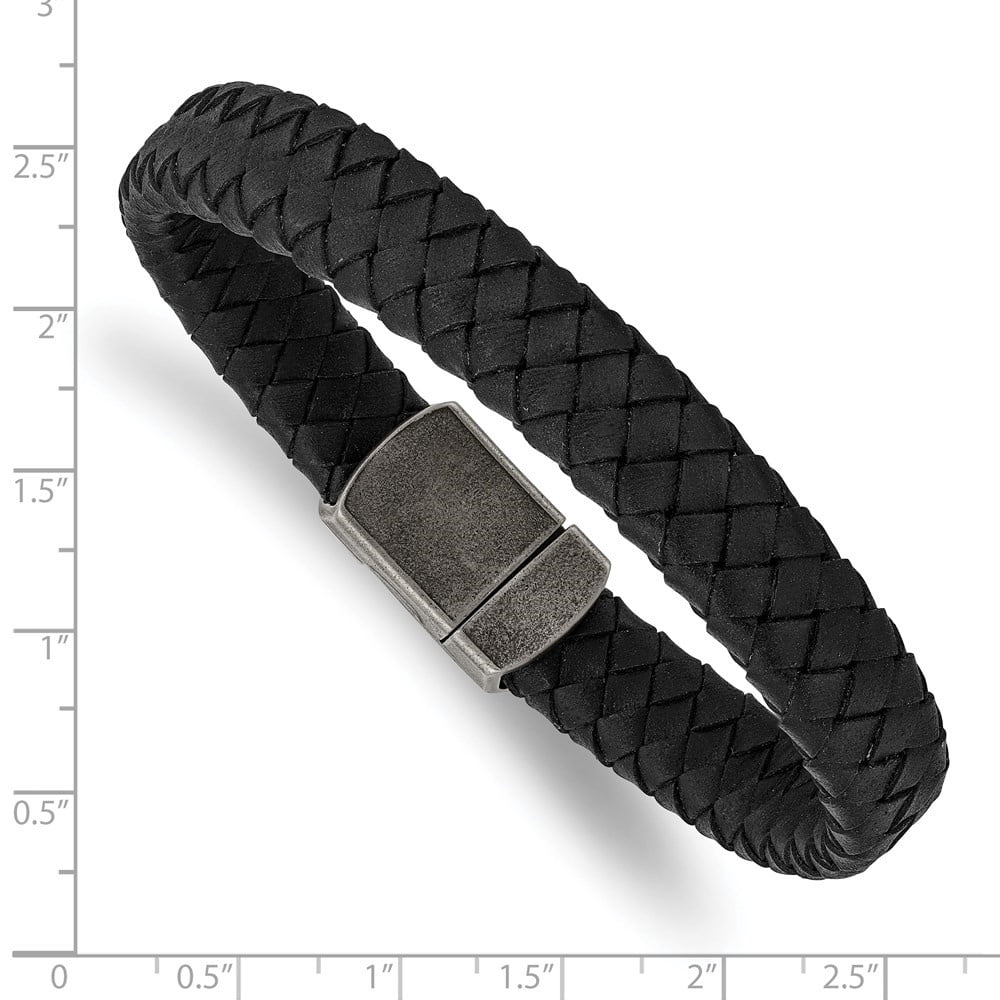 Diamond2Deal Stainless Steel Antiqued Black Braided Leather Bracelet for Men 8.25"