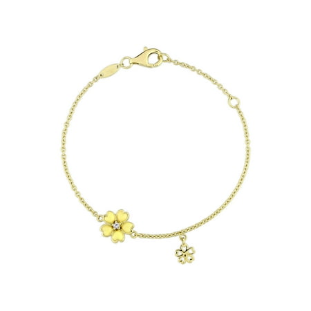 Cutie Pie White Topaz Accent Yellow Rhodium-Plated Sterling Silver Children's Flower Charm Bracelet with Yellow Enamel, 6" with 1" Extension