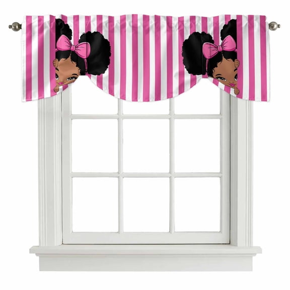 Pink Stripes Tie Up Valance Curtains for Windows, Kitchen Curtains Window Treatments, Cartoon Funny Bow Girl Vertical Striped Short Window Shades Valances for Bedroom Bathroom Cafe 42"x12"