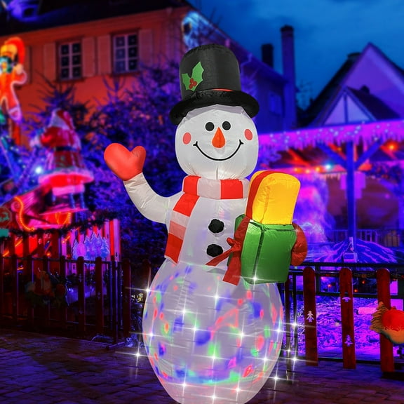 Christmas Inflatables Snowman Holds Gift Box Lighted  Inflatable Christmas Garden Yard Lawn Decoration with Built in Fan and Anchor Ropes 6 Feet Tall