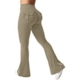 thumbnail image 3 of Dwellite Women's Flared Leggings Butt Lifting High Waisted Tummy Control Cargo Yoga Pants with Pockets Army Green L, 3 of 4