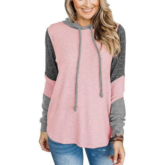 Women Casual Hoodies Color Block Pullover Long Sleeve Tops With Drawstring Sweatshirts