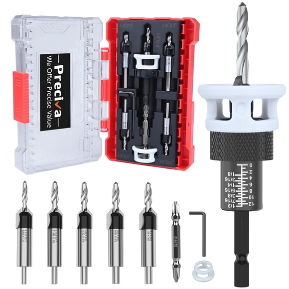Preciva 5 Pcs Countersink Drill Bits Set, M2 HSS Tapered Drill Bits(1/8"、9/64"、5/32"、11/64"、3/16" with 2 Depth Stops &a