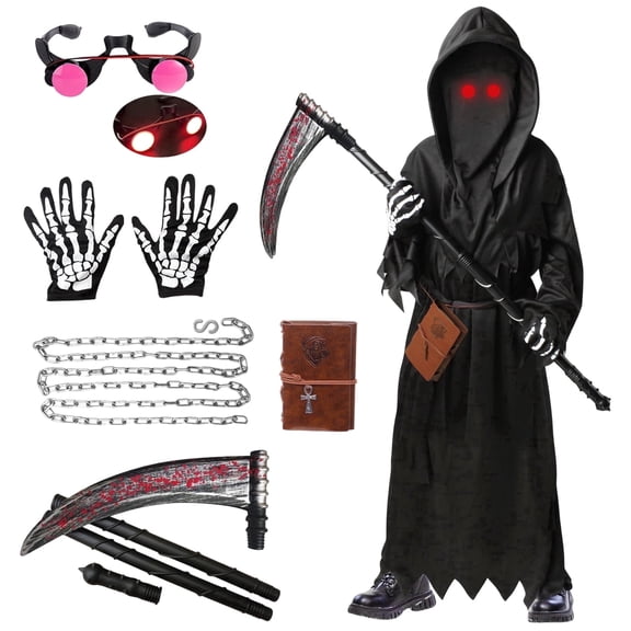 Alaiyaky Grim Reaper Costume, Halloween Scary Grim Reaper Fancy Dress with Scythe Glowing Glasses, Grim Reaper Costume Scary Halloween Costume