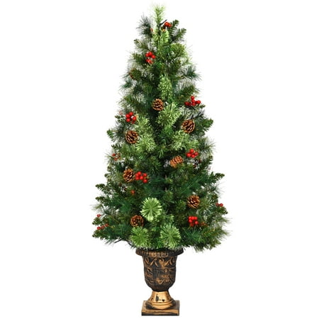 Costway 5ft Pre-Lit Christmas Entrance Tree In Urn w/100 LED Light Red Berries Pine