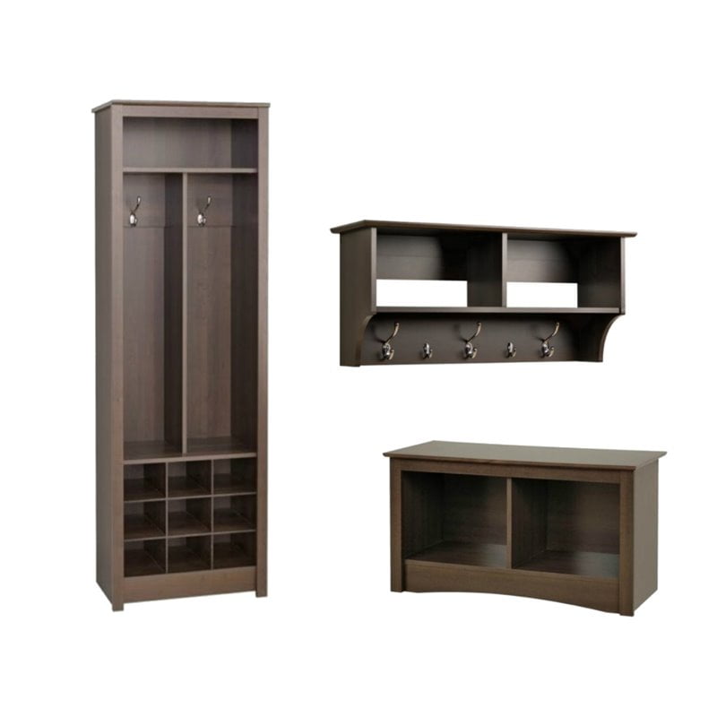An entryway organizer with bench, shelf, and storage unit