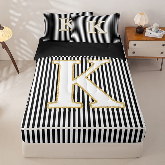 Homewish Initial K Letter Zipper Twin Comforter Sets with Fitted Sheet and 2 Pillowcases for Kids, Abstract Lines Zipper Bedding Set, Black Reversible, 4pcs