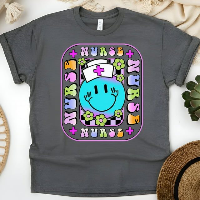 Colorful Retro Nurse T-Shirt with Smiley Face Graphic, Dark Heather, Size L