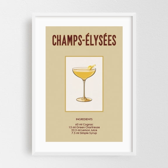 Champs Elysées - Illustration Cocktail Vintage Poster Typography Kitchen Decor Bar Retro White Framed Wall Art Print 12 x 18 inches