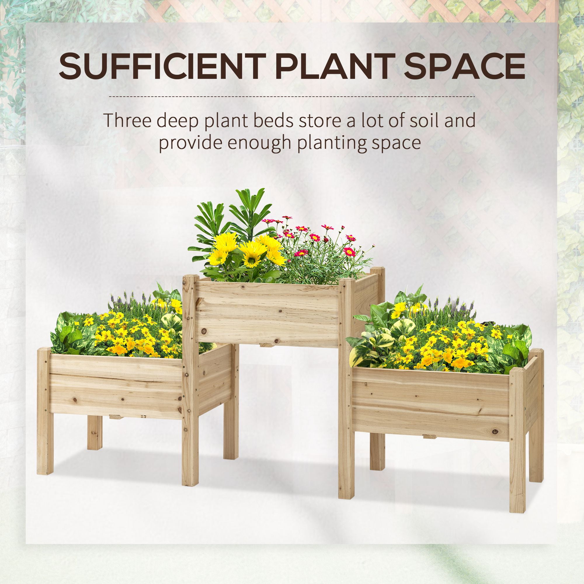 Outsunny 73" x 18" x 32" Raised Garden Bed w/ Three Elevated Planter Box, Freestanding Wooden Plant Stand for Vegetables, Herb, Flowers, Natural