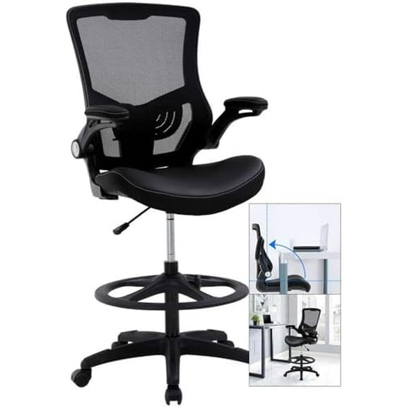 Drafting Chair Tall Office Desk Chair with Flip Up Arms Foot Rest Lumbar Support,Adjustable Height Mid-Back Mesh Drafting Stool for Standing Desk,Ergonomic Computer Executive Rolling Chair$$Office
