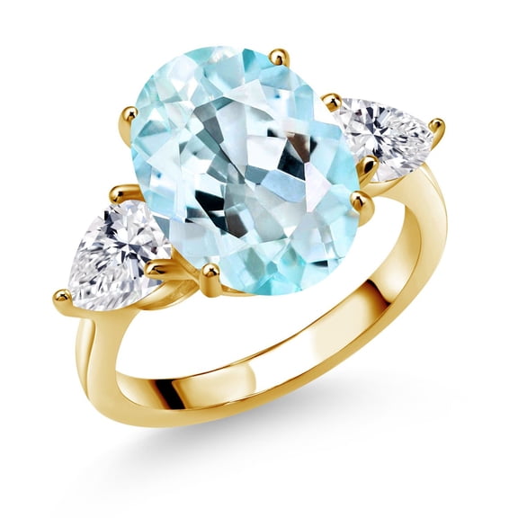 Gem Stone King 18K Yellow Gold Plated Silver Sky Blue Topaz and Lab Grown Diamond Engagement Ring for Women | 7.22 Cttw | Oval 14X10MM | Gemstone November Birthstone | Size 9