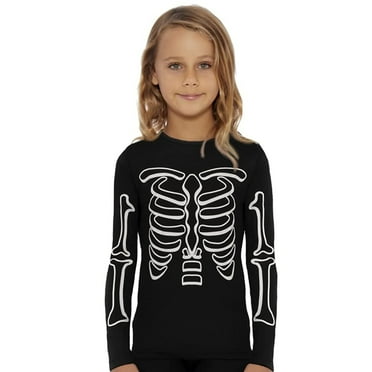 Rocky Kids Thermal Underwear Shirt for Girls Base Layer Long Johns, Glow in the Dark Skeleton Design XS