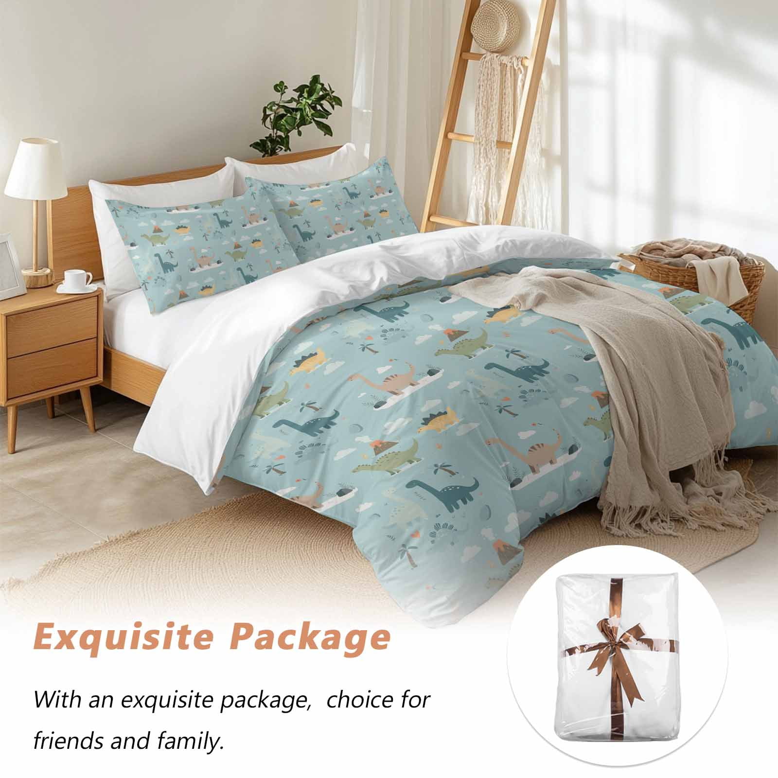 Cartoon Animals Bedding 3 Piece Duvet Cover Set Full Size, Funny Dinosaur Tropical Plants Blue Green Microfiber Comforter Cover with Zipper Closure & Pillowcases, Wrinkle & FadeResistant Quilt Cover
