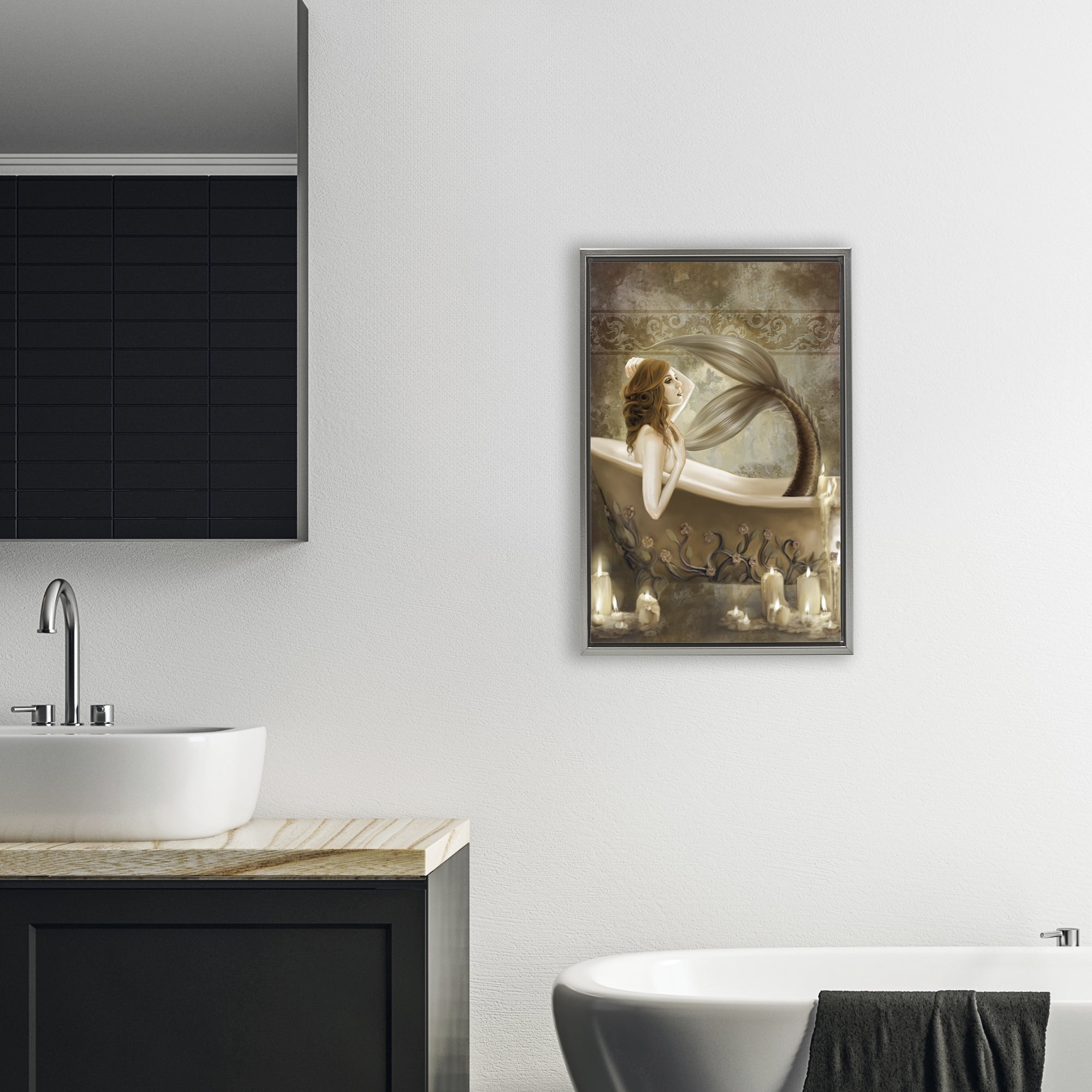 Stupell Industries Sepia Bath Time Mermaid Gray Framed Floater Canvas Wall Art, design by Selina Fenech