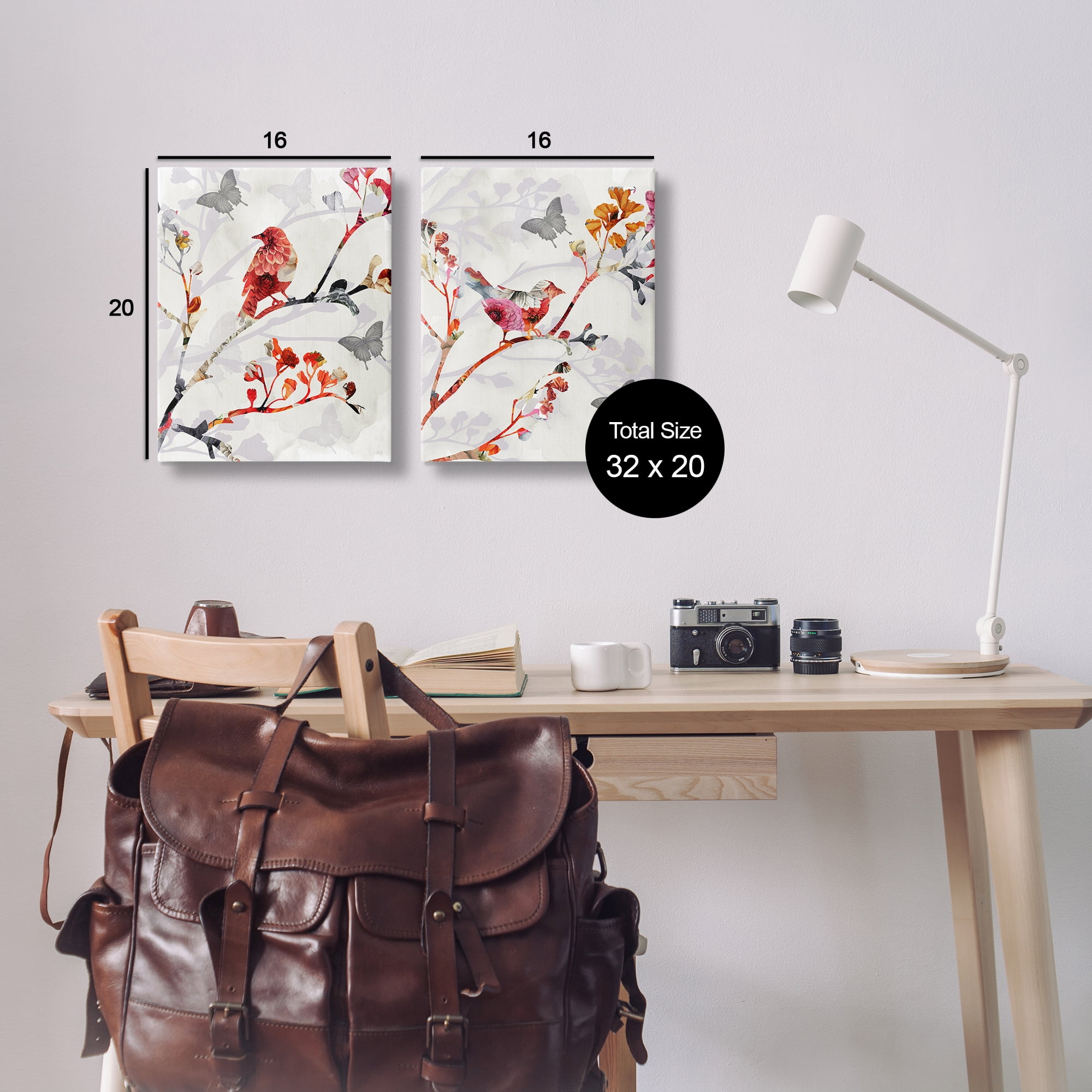 Stupell Industries Flower Birds on Branch Animals Painting Wrapped Canvas Art Print Wall Art, 16 x 20, Set of 2