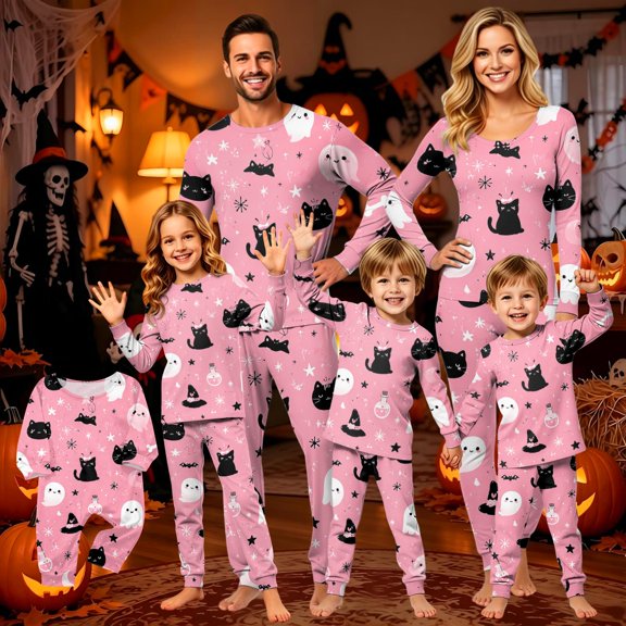 Halloween Pjs, Halloween Family Matching Pajamas Set, Pink Black Cat Ghost Bat Witch Long Sleeve Sleepwear, Graphic Loungewear, Soft Cozy Fun Holiday Nightwear for Parties & Gatherings, 12 M