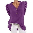 thumbnail image 3 of DDAPJ pyju Women's Tops Summer Trendy 2025 Ruffle Sleeve Henley Shirt Dressy Casual Summer Blouses Purple S, 3 of 10