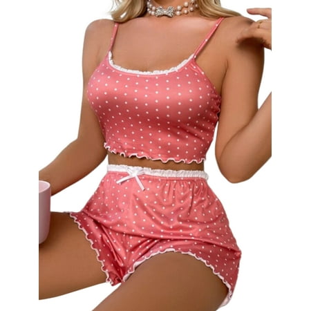 

Frontwalk Ladies Pajama Set Scoop Neck Lingerie Polka Dot Sleepwear Women Lounge Cami Shorts Sets Sleeveless Nightwear Watermelon Red White XL