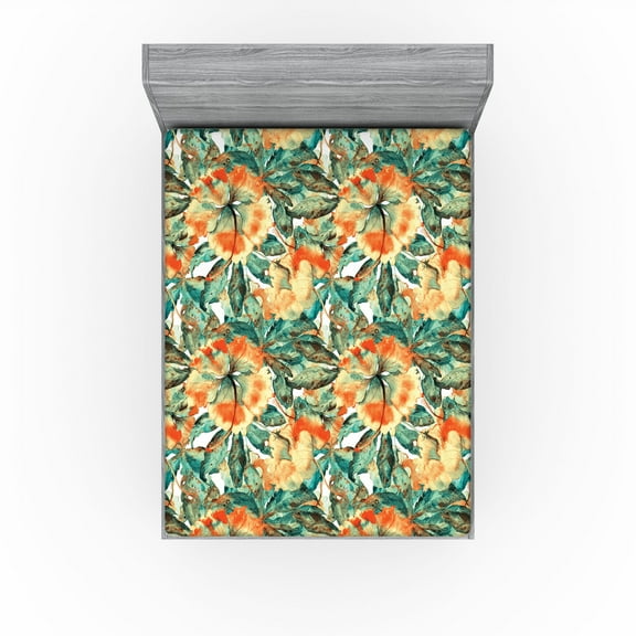 Ambesonne Floral Fitted Sheet, Nature Passiflora Artwork, California King, Teal Pale Yellow Orange