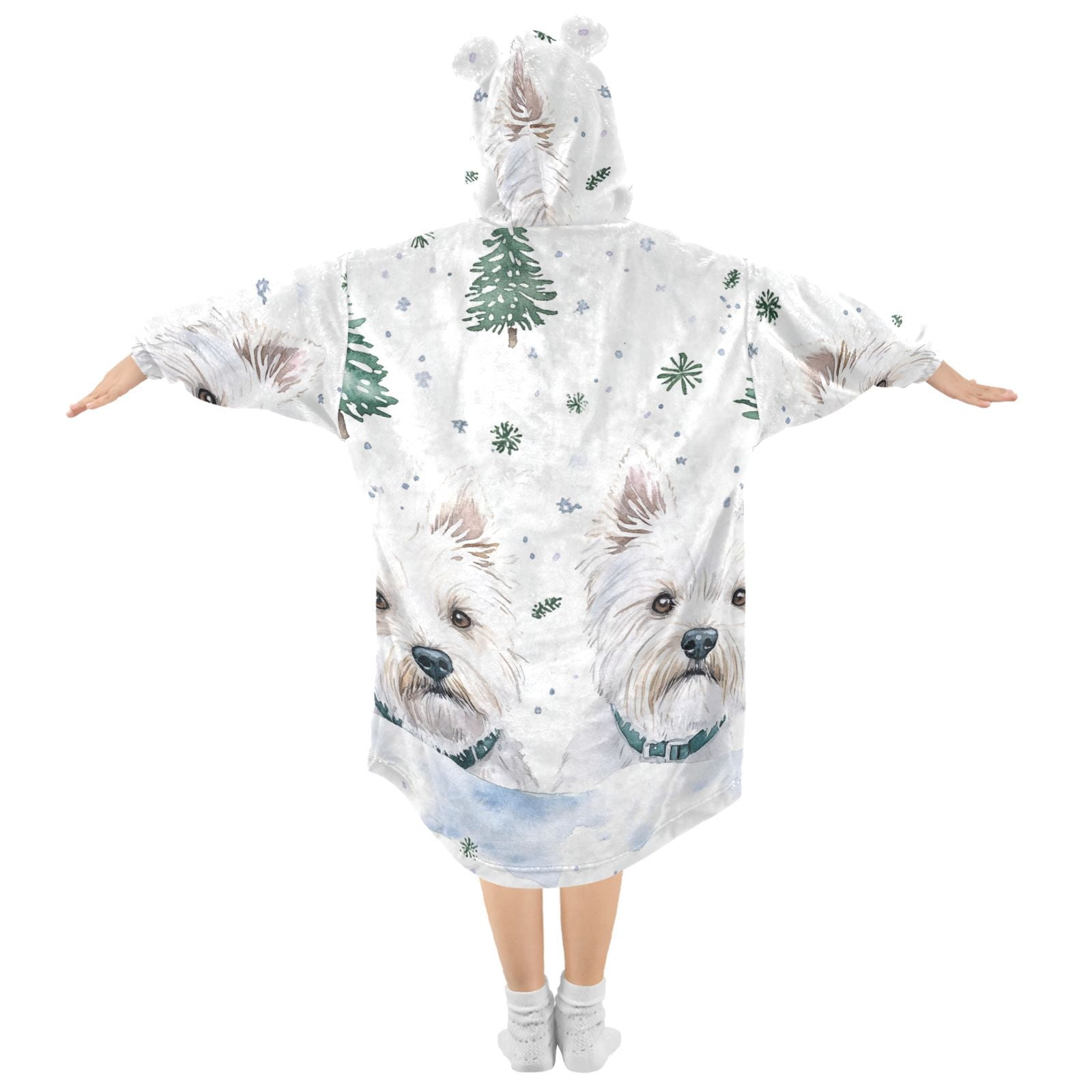 White Dogs Trees Oversized Wearable Blanket Hoodie Sweatshirt Flannel for Unisex Girls Boys
