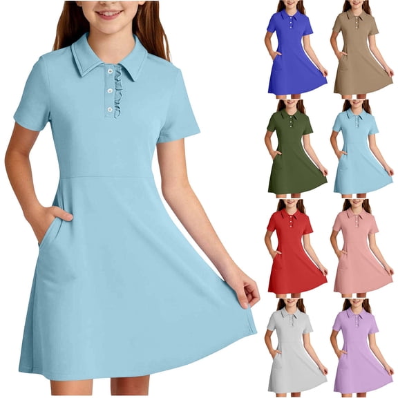 Kids Girls Soft Skater Dress, Short Sleeve Ruffle Button Collar A-Line Dress with Pockets, Breathable Casual Summer Uniform Dress for Girls Red 14-15 Years