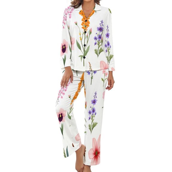 Colorful Wildflower Print Pajamas Woman Vintage Pajamas Set 2 Piece Long-Sleeve Comfortable Oversized Home Suit