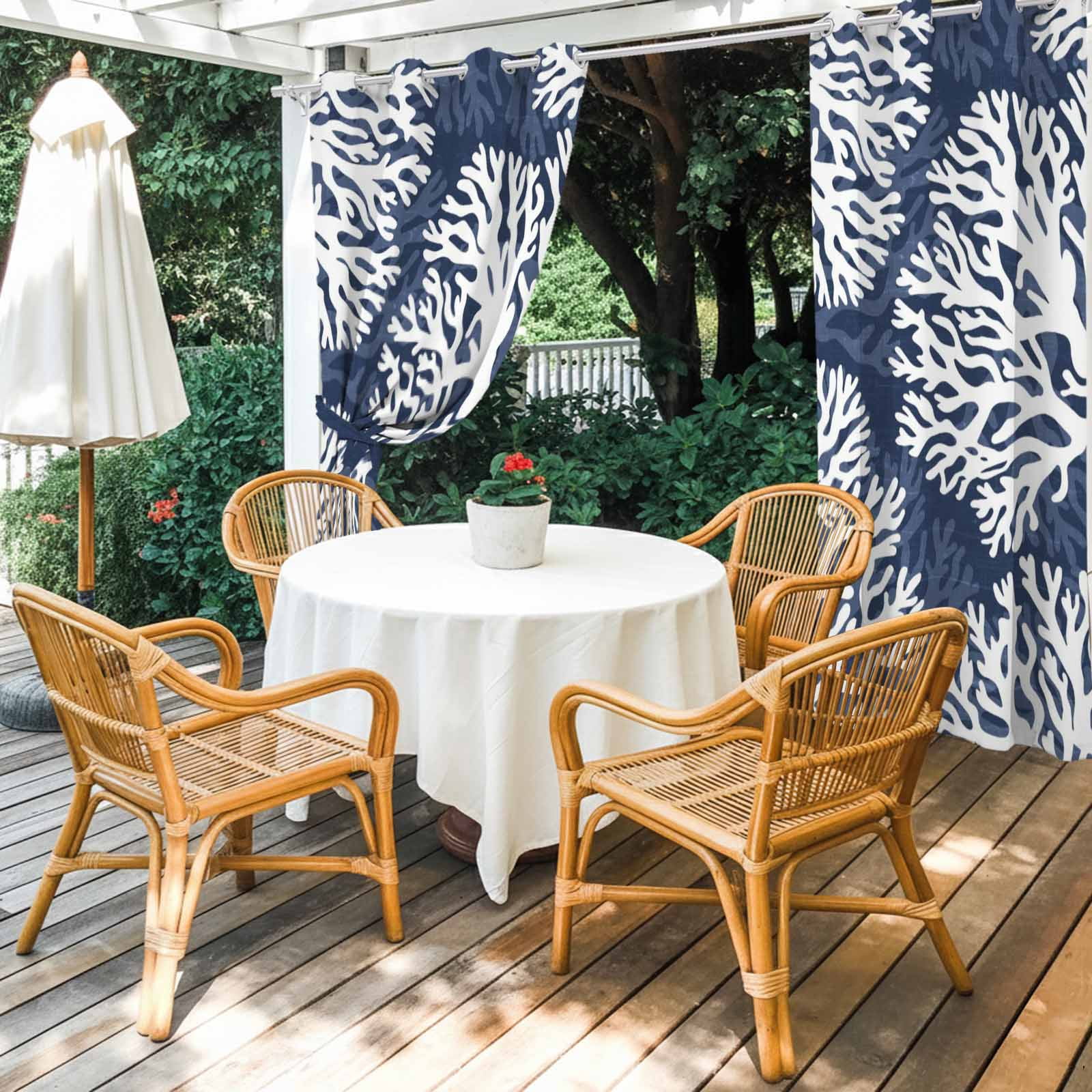 Navy Blue Coral Outdoor Curtains for Patio, Coastal Ocean Beach Summer Nautical Modern Sunshade Privacy Drapes Grommet Waterproof Outside Curtains for Porch/Cabana/Balcony 54"x 108", 1 Panel