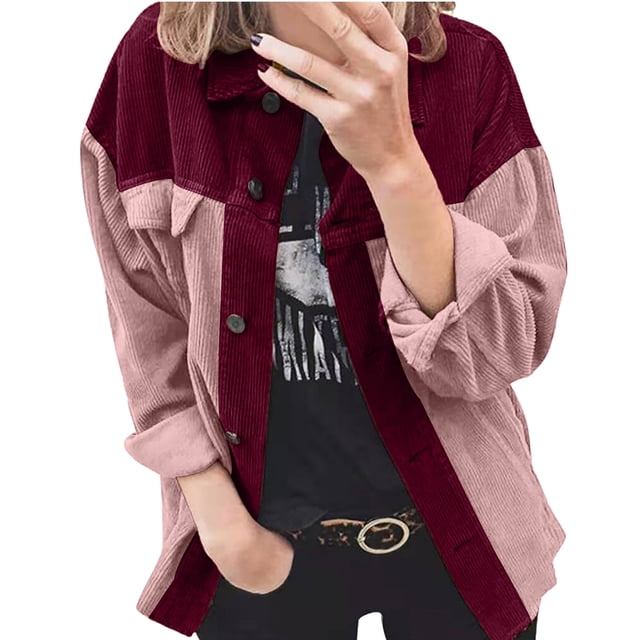 Women's Oversized Long Sleeve Shacket Jacket Lapel Button Down Shirt Casual Color Block Fall Coats with Pockets