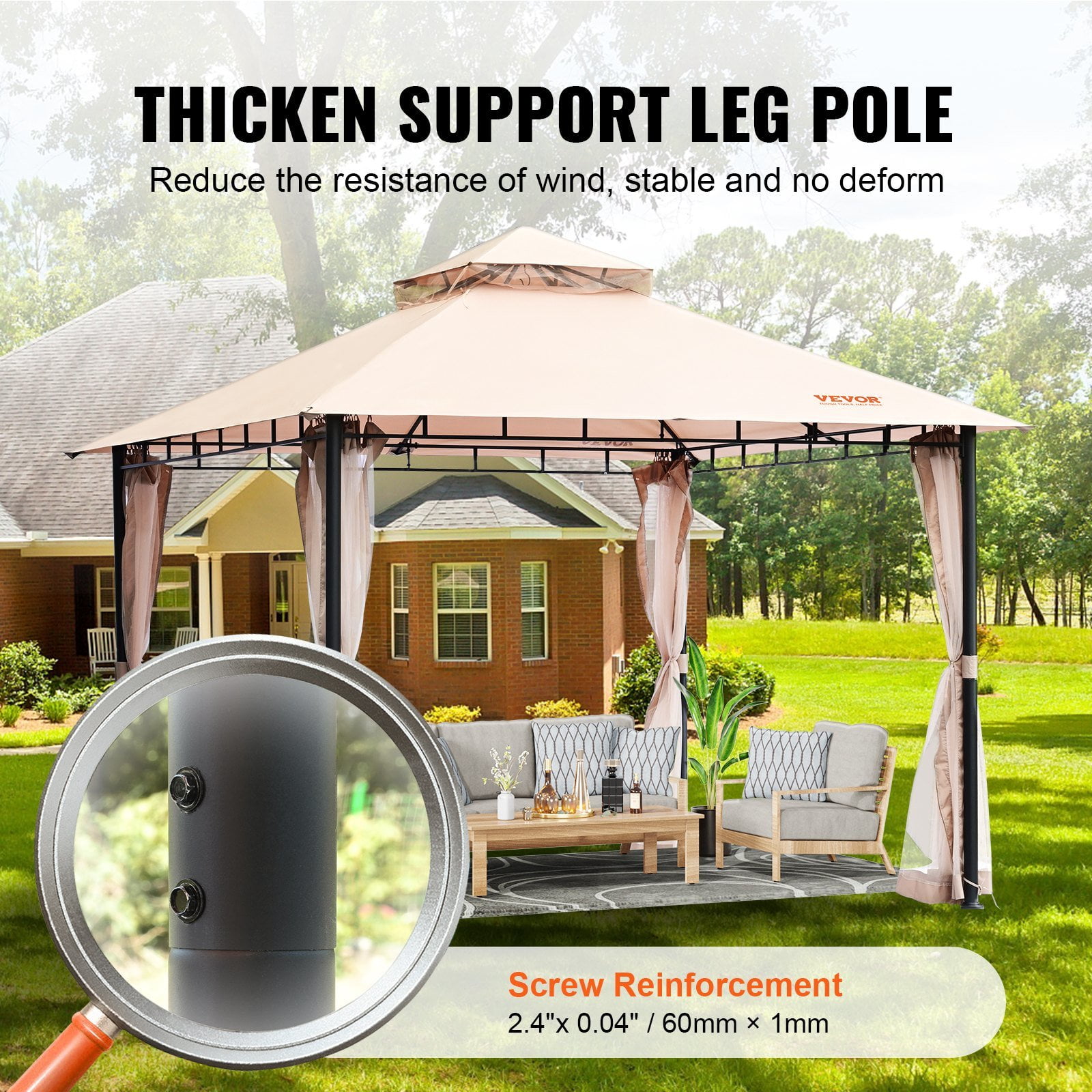 Patio Gazebo for 6-8 Person, 10 x 10 FT Backyard Gazebo, with Mosquito Netting, Metal Frame, and PU Coated 180G Polyester, Outdoor Canopy Shelter for Patio, Backyard, Lawn, Garden, Deck