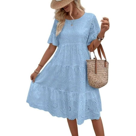 XiaoBanDeng Women s Lace Eyelet Short Sleeve Tiered Midi Long Dress Ruffle Hem Babydoll Short Dress