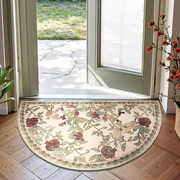 RLESO 2x3 Washable Half Circle Area Rug, Vintage Floral Entryway Doormat, Non-Slip Soft Accent Carpet for Kitchen & Bath