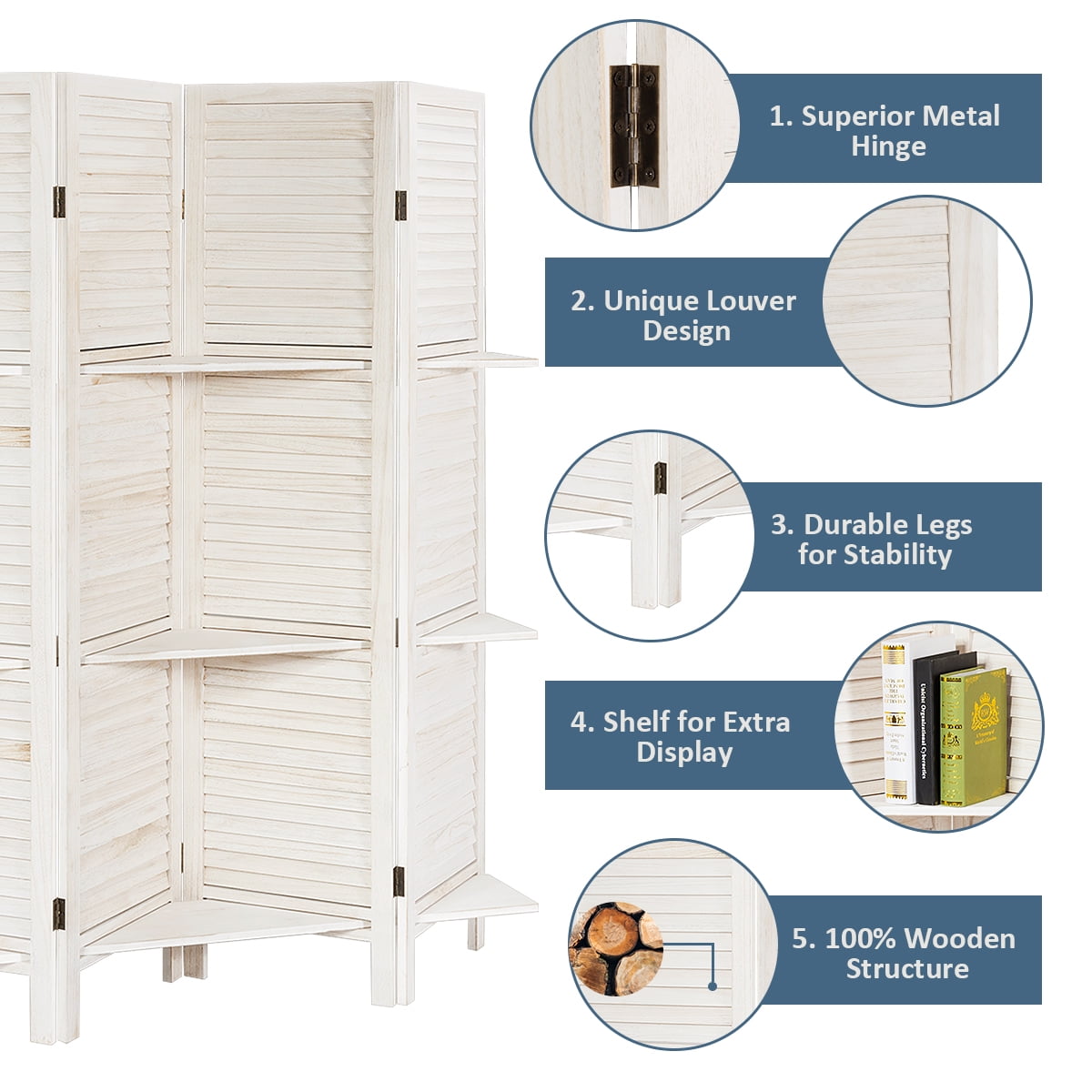 Costway 4 Panel Folding Room Divider Screen W/3 Display Shelves 5.6 Ft Tall