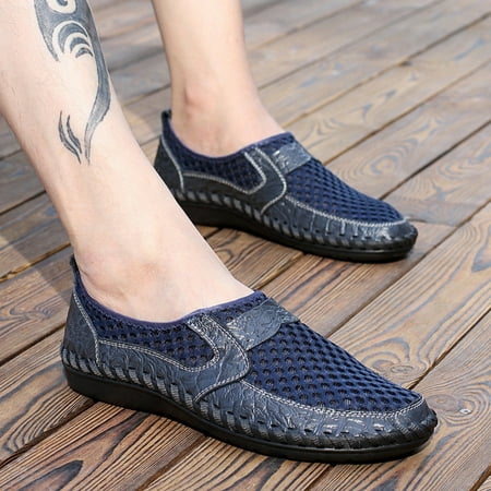 

FAIAI Men s Mesh Breathable Walking Loafers Outdoor Lightweight Slip-on Mesh Casual Shoes Stitching Honeycomb Hiking Shoes