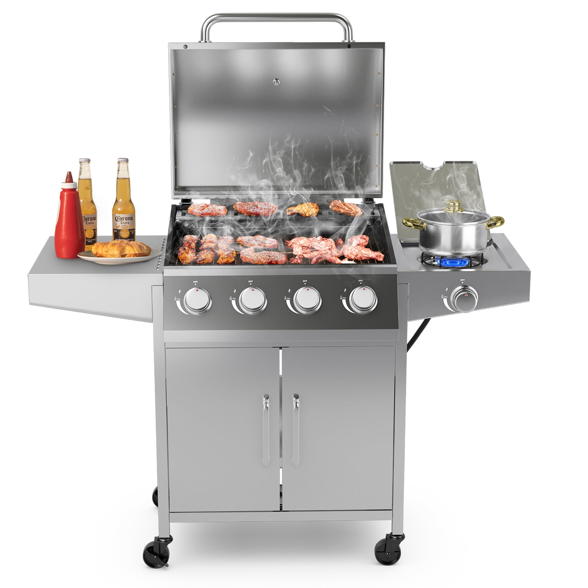 Costway 5-Burner Silver Propane Gas Grill with Side Burner, Thermometer and Prep Table
