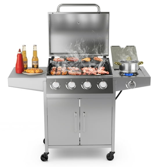 Costway 5-Burner Propane Gas BBQ Grill with Side Burner,Thermometer,Prep Table 50000 BTU