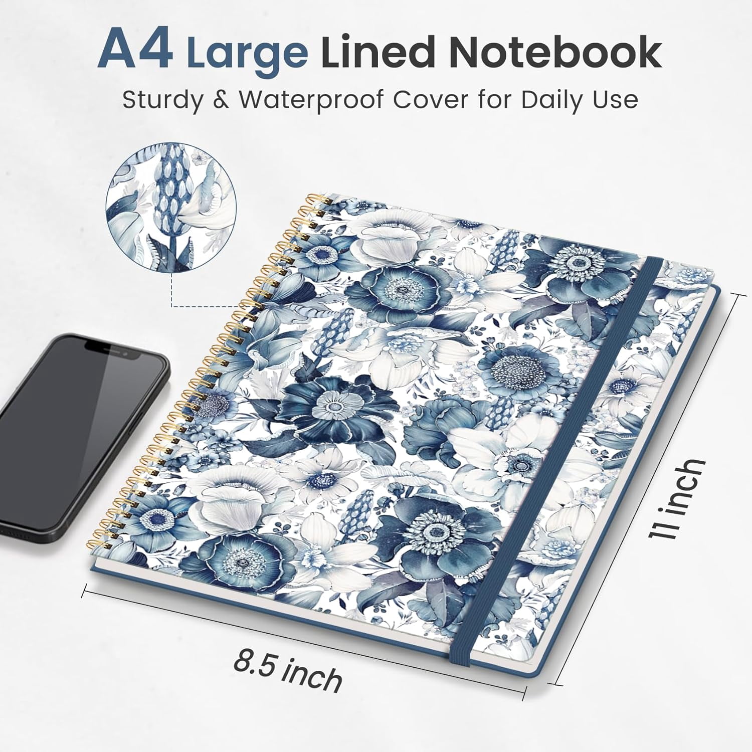 PrimeCook Shop Spiral Lined Notebook, 8.5"x11" Notebooks for Work, Large A4 Journal for Women & Men, College Ruled Journaling Notebook for Writing, Plastic Cover Spiral Journal, Blue Floral
