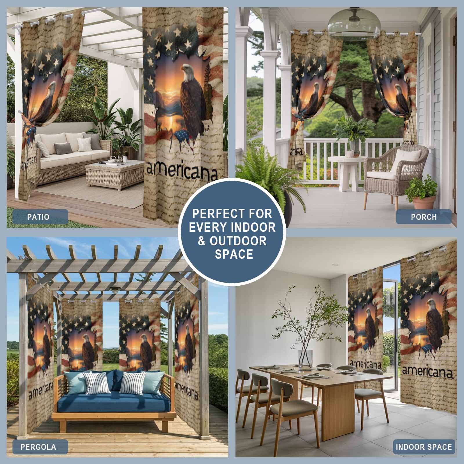 Independence Day Outdoor Curtains for Patio, Retro American Flag Eagle 250 Year Sunset Sunshade Privacy Drapes Grommet Waterproof Outside Curtains for Porch/Cabana/Balcony 54"x 108", 1 Panel