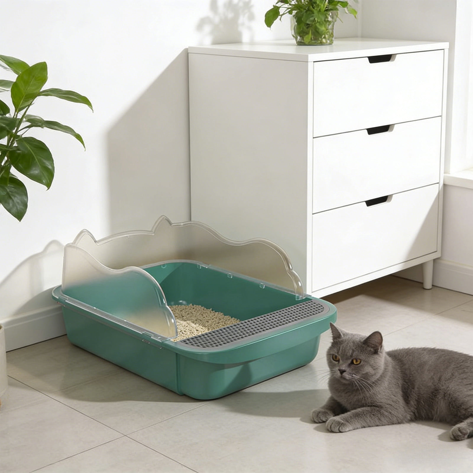 Semi Enclosed High Side Cat Litter Box with Splash Guard, Includes Litter Scoop and Hook, Large Plastic Tray for Indoor Cats, Leak Proof Design Easy to Clean