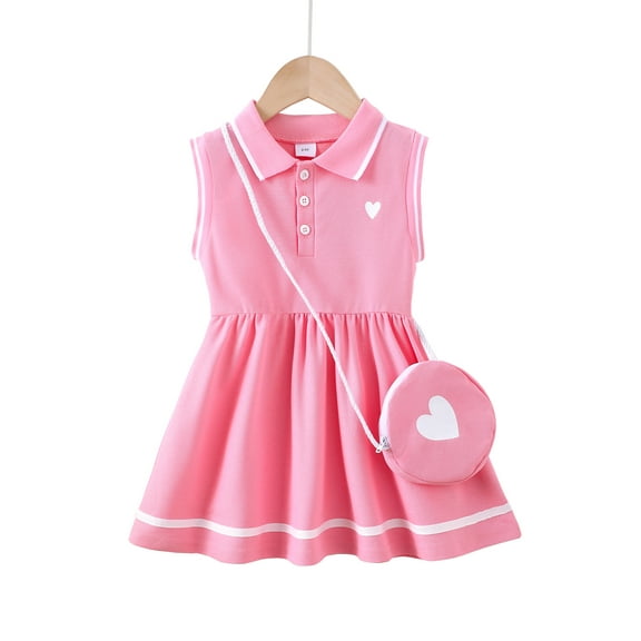 4T Baby Girl Dress 5T Girls Sleeveless Dress Solid Color Polo Dress Toddler Girls Summer Lapel Casual Dress with Cute Bag Pink