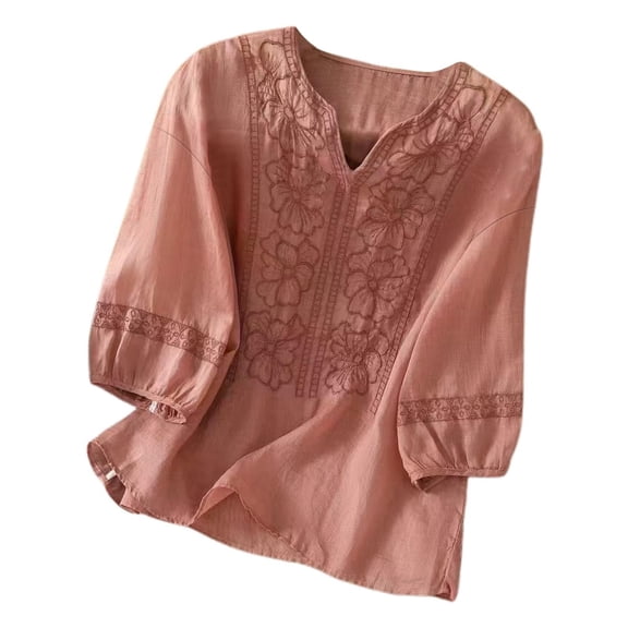 Cotton Linen Shirts For Women,Trendy Retro Embroidered Summer Vacation Top Loose Fit Short Sleeve Blouses Lightweight Casual Blouse Solid Color Trendy Retro