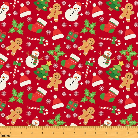 Manfei Kawaii Gingerbread Snowman Fabric by the Yard 1 Yard, Cute Christmas Home Decor Fabric by the Yard, Green White Red