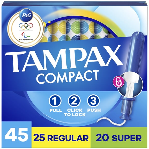 Tampax Compact Pearl Tampons Multipack, with LeakGuard Braid & Extendable Applicator, Regular/Super Absorbency, Compact Extendable Applicator, Unscented, 45 Count