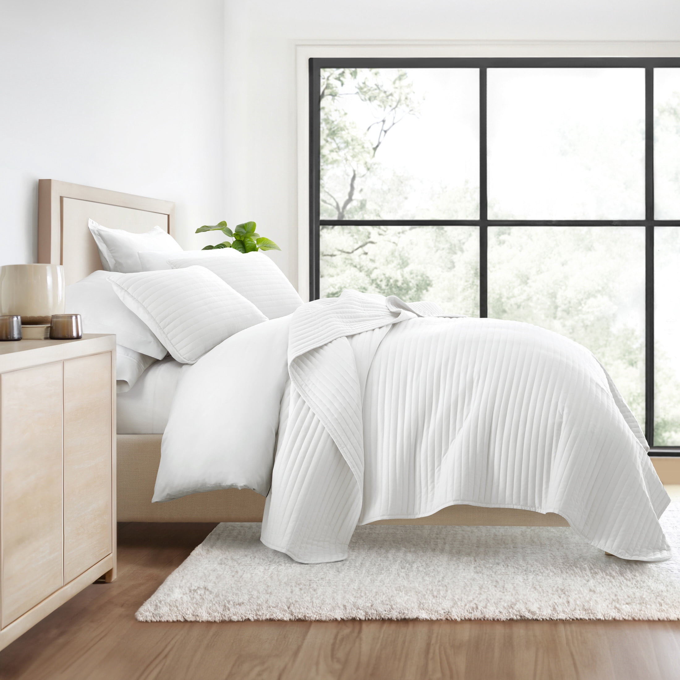 Wrinkle Resistant All Season Quilt Set Coverlet White Striped Stitched for King Size Bedding by Comfort Canopy