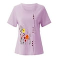 thumbnail image 4 of Oversized Tshirts for Women, Cotton Linen Crewneck Roll Up Floral Print Casual Blouse Top, Purple 3XL, 4 of 5