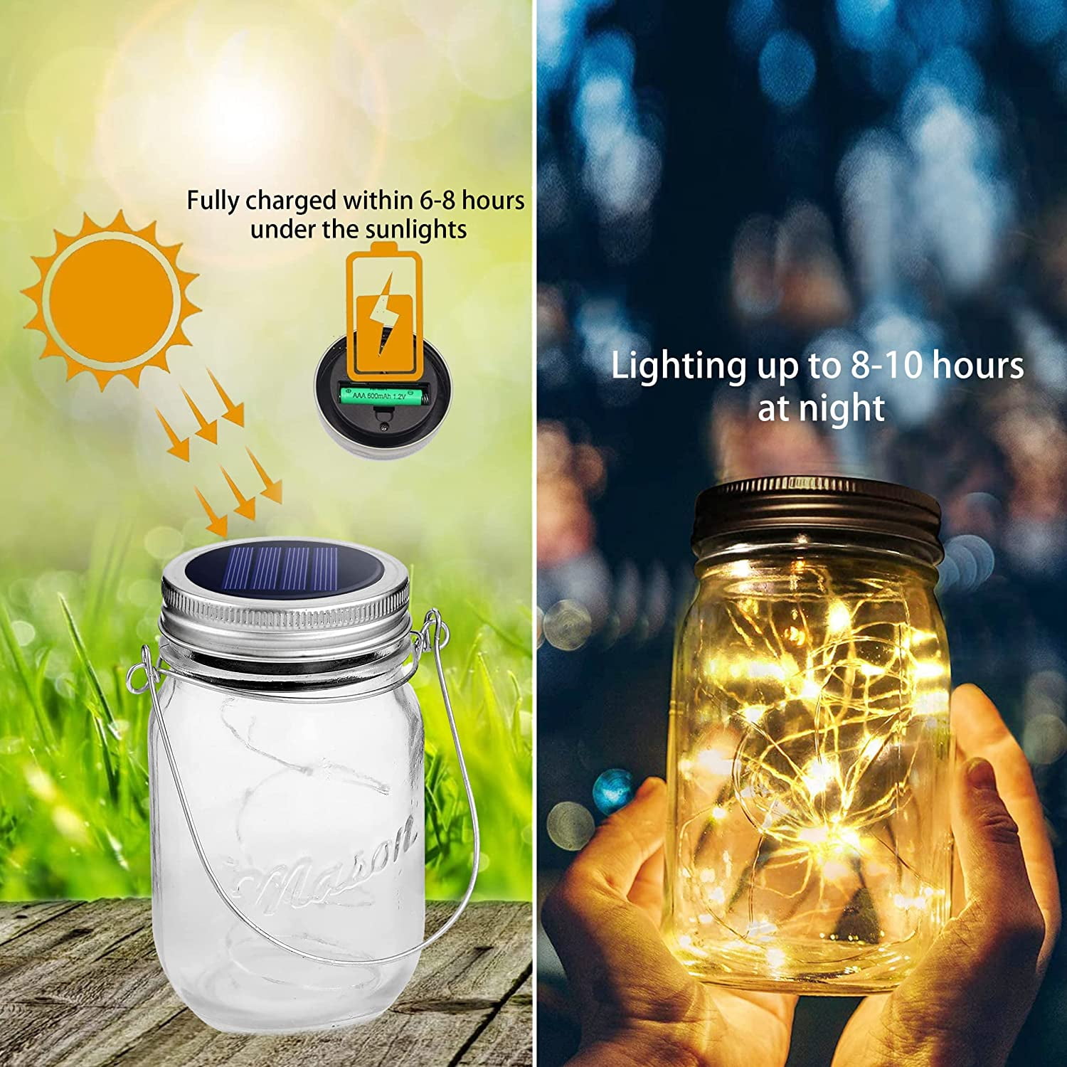 Soapow 6 Pack Mason Jar Solar Lights, 3m 30 LED Hanging Solar Mason Jar Lantern Outdoor, Waterproof Fairy Lights Solar Lamp with 6 Handles for Patio Garden Wedding Yard, Warm White (No Jars)