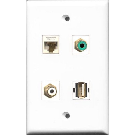 RiteAV 1 Port RCA White and 1 Port RCA Green and 1 Port USB A-A and 1 Port Cat6 Ethernet White Wall Plate