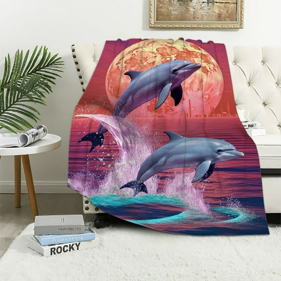 Creowell Dolphin Throw Blanket, Cute Animal Pattern Soft Flannel Bed Blanket, Dolphin Gifts Warm Winter Blanket for Couch Sofa (Pink Dolphin)