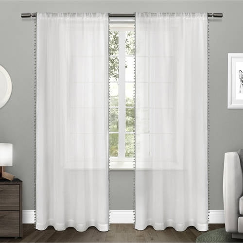 Exclusive Home Curtains 2 Pack Pom Pom Applique Bordered Textured Sheer Rod Pocket Curtain Panels
